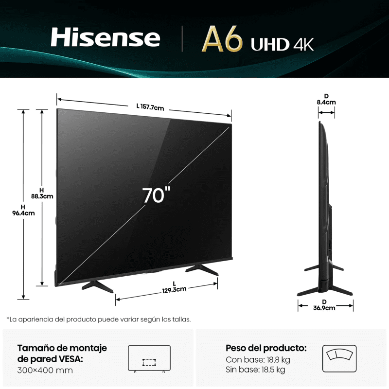 medidas televisor hisense a6nv 70 pulgadas