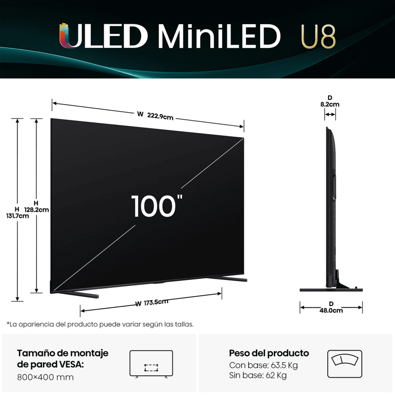 Medidas Televisor hisense u8qg 100 pulgadas
