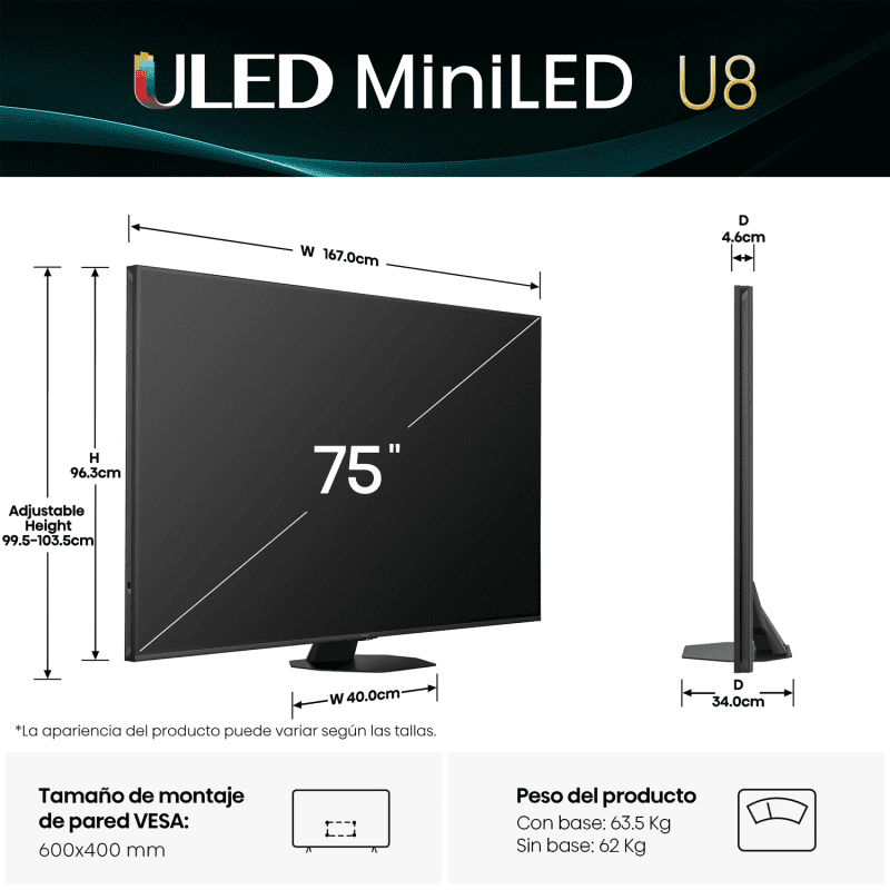 Medidas televisor hisense u8qg 75 pulgadas